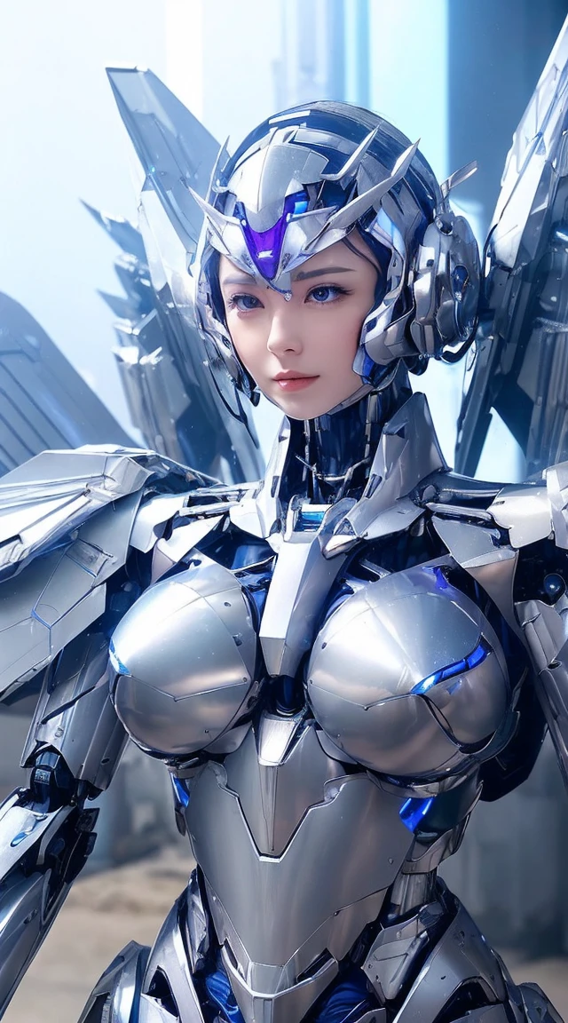 ((Intense action pose:1.6))、((Shining lenses on both breasts:1.3))、((Blue pillars of light are emanating from both chests.:1.3))、smile、((8K)), ((32k)), ((Highest quality)), ((masterpiece)), ((超A high resolution)), ((Tmasterpiece)), ((Halation:1.4))、((Mechaニカルheadgear:1.2))、((Cyber Headphones:1.3))、Fine skin, High quality fabric, Fine metal texture、((Beautiful and dense face))、RAW Photos、Professional, Ultra-fine painting, ((alone)), Beautiful breasts、Highest quality, Very detailed, Very detailed詳細, Finer details, so beautiful, ((Princess Knight Robot:1.2)), (Joints of machines, Mechanical Limbs:1.3), (The internal structure of the machine is exposed:1.3), (Long silver hair:1.1), (Beautiful and huge mechanical breasts)、White Veil, cowboy_shot, Side Focus, headgear, Shiny、(Five Fingers, Four fingers and thumb),Concept Art, Anime fantasy artwork, Detailed fantasy art, (with pale blue-violet hair and large white wings,,,,,,,), (((Long silver hair))), (Mecha:1.6)、Sleek and intimidating design, ((Commander-in-Chief'arm)), (Perfect robot body)、純白と青紫armまたは, Symmetrical wings, 8K high quality, detailed art, 3D rendering of character art in 8K, neat legs, Defined, Defined fingers,