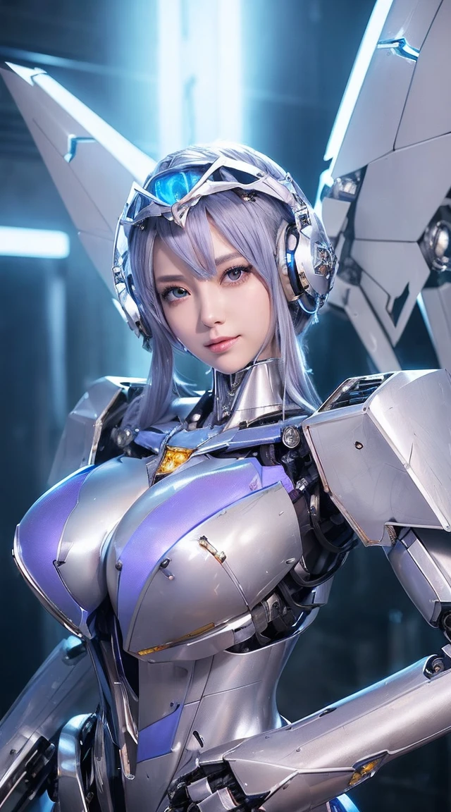 ((Intense action pose:1.6))、((Shining lenses on both breasts:1.3))、((Blue pillars of light are emanating from both chests.:1.3))、smile、((8K)), ((32k)), ((Highest quality)), ((masterpiece)), ((超A high resolution)), ((Tmasterpiece)), ((Halation:1.4))、((Mechaニカルheadgear:1.2))、((Cyber Headphones:1.3))、Fine skin, High quality fabric, Fine metal texture、((Beautiful and dense face))、RAW Photos、Professional, Ultra-fine painting, ((alone)), Beautiful breasts、Highest quality, Very detailed, Very detailed詳細, Finer details, so beautiful, ((Princess Knight Robot:1.2)),  (Joints of machines, Mechanical Limbs:1.3), (The internal structure of the machine is exposed:1.3), (Long silver hair:1.1), (Beautiful and huge mechanical breasts)、White Veil, cowboy_shot, Side Focus, headgear, Shiny、(Five Fingers, Four fingers and thumb),Concept Art, Anime fantasy artwork, Detailed fantasy art, (with pale blue-violet hair and large white wings,,,,,,,), (((Long silver hair))), (Mecha:1.6)、Sleek and intimidating design, ((Commander-in-Chief&#39;arm)), (Perfect robot body)、純白と青紫armまたは, Symmetrical wings, 8K high quality, detailed art, 3D rendering of character art in 8K, neat legs, Defined, Defined fingers,