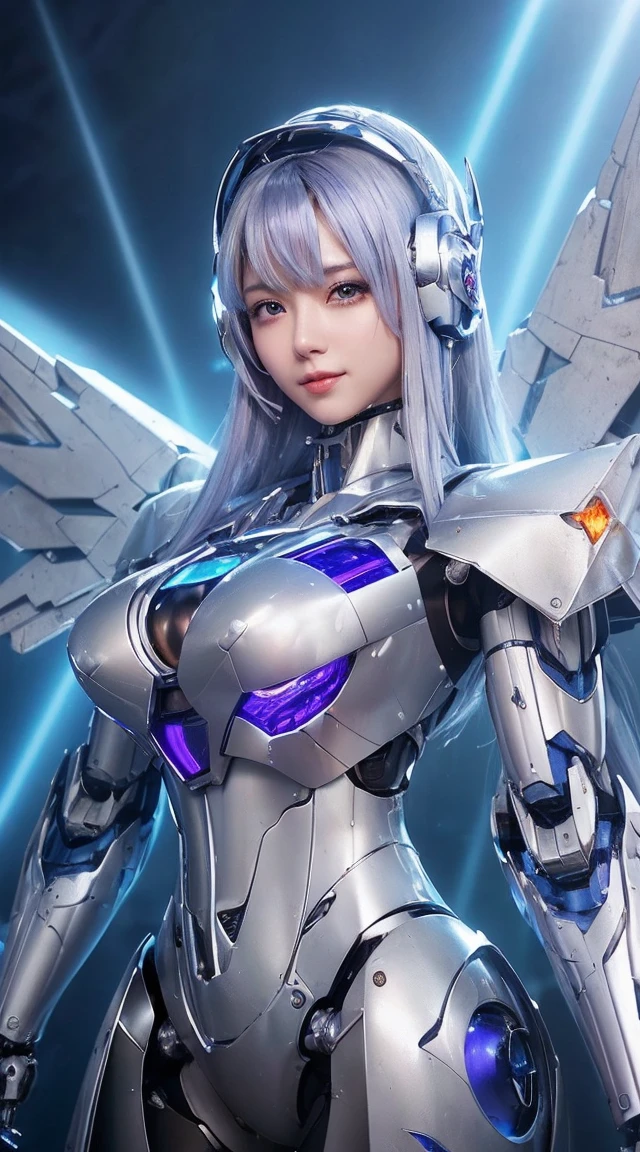 ((Intense action pose:1.6))、((Shining lenses on both breasts:1.3))、((Blue pillars of light are emanating from both chests.:1.3))、smile、((8K)), ((32k)), ((Highest quality)), ((masterpiece)), ((超A high resolution)), ((Tmasterpiece)), ((Halation:1.4))、((Mechaニカルheadgear:1.2))、((Cyber Headphones:1.3))、Fine skin, High quality fabric, Fine metal texture、((Beautiful and dense face))、RAW Photos、Professional, Ultra-fine painting, ((alone)), Beautiful breasts、Highest quality, Very detailed, Very detailed詳細, Finer details, so beautiful, ((Princess Knight Robot:1.2)),  (Joints of machines, Mechanical Limbs:1.3), (The internal structure of the machine is exposed:1.3), (Long silver hair:1.1), (Beautiful and huge mechanical breasts)、White Veil, cowboy_shot, Side Focus, headgear, Shiny、(Five Fingers, Four fingers and thumb),Concept Art, Anime fantasy artwork, Detailed fantasy art, (with pale blue-violet hair and large white wings,,,,,,,), (((Long silver hair))), (Mecha:1.6)、Sleek and intimidating design, ((Commander-in-Chief&#39;arm)), (Perfect robot body)、純白と青紫armまたは, Symmetrical wings, 8K high quality, detailed art, 3D rendering of character art in 8K, neat legs, Defined, Defined fingers,