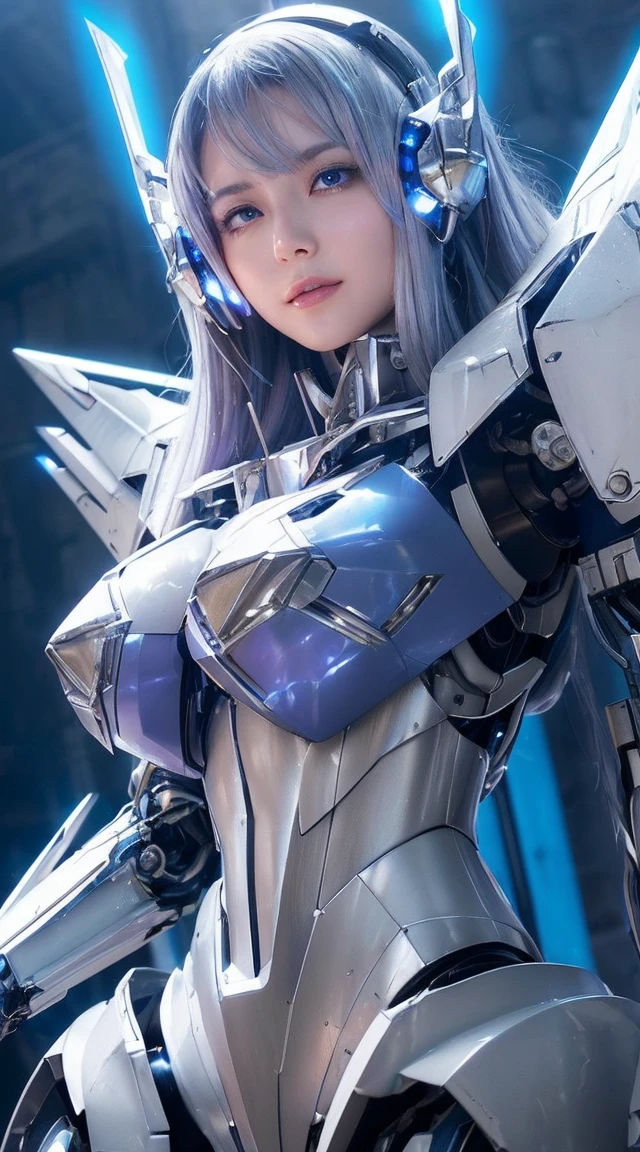 ((Extreme close up:1.6))、(((Lenses shining on both breasts:1.3)))、((A blue pillar of light emanates from both of his chests..:1.3))、break、(((Dynamic pose:1.8)))、smile、((8K)), ((32k)), ((Highest quality)), ((masterpiece)), ((超A high resolution)), ((Tmasterpiece)), ((Halation:1.4))、((Mechaニカルheadgear:1.2))、((Cyber Headphones:1.3))Fine skin, High quality fabric, High-quality metal texture、((Beautiful and dense face))、RAW Photos、Professional, Ultra-fine painting, ((alone)), Beautiful breasts、Highest quality, Very detailed, Very detailed詳細, Finer details, so beautiful, ((Princess Knight Robot:1.2)), (Joint of the machine, Mechanical Limbs:1.3), (The internal structure of the machine is exposed:1.3), (Long silver hair:1.1), (Beautiful and huge mechanical breasts)、White Veil, cowboy_shot, Side Focus, headgear, Shiny、(Five Fingers, Four fingers and thumb),Concept Art, Anime fantasy artwork, Detailed fantasy art, (with pale blue-violet hair and large white wings,,,,,,,,), (((Long silver hair))), (Mecha:1.6)、Sleek and intimidating design, ((Commander-in-Chief'arm)), (Perfect robot body)、純白と青紫のarmまたは, Symmetrical wings, 8K High Resolution, Detailed Art, 3D rendering of character art in 8K, neat legs, Defined, Defined fingers,((headshot:1.3))