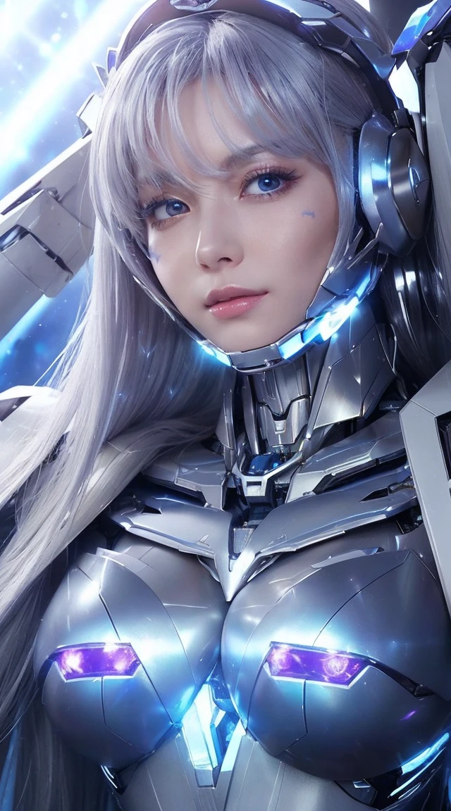 ((Extreme close up:1.6))、(((Lenses shining on both breasts:1.3)))、((A blue pillar of light emanates from both of his chests..:1.3))、break、(((Dynamic pose:1.8)))、smile、((8K)), ((32k)), ((Highest quality)), ((masterpiece)), ((超A high resolution)), ((Tmasterpiece)), ((Halation:1.4))、((Mechaニカルheadgear:1.2))、((Cyber Headphones:1.3))Fine skin, High quality fabric, High-quality metal texture、((Beautiful and dense face))、RAW Photos、Professional, Ultra-fine painting, ((alone)), Beautiful breasts、Highest quality, Very detailed, Very detailed詳細, Finer details, so beautiful, ((Princess Knight Robot:1.2)),  (Joint of the machine, Mechanical Limbs:1.3), (The internal structure of the machine is exposed:1.3), (Long silver hair:1.1), (Beautiful and huge mechanical breasts)、White Veil, cowboy_shot, Side Focus, headgear, Shiny、(Five Fingers, Four fingers and thumb),Concept Art, Anime fantasy artwork, Detailed fantasy art, (with pale blue-violet hair and large white wings,,,,,,,,), (((Long silver hair))), (Mecha:1.6)、Sleek and intimidating design, ((Commander-in-Chief&#39;arm)), (Perfect robot body)、純白と青紫のarmまたは, Symmetrical wings, 8K High Resolution, Detailed Art, 3D rendering of character art in 8K, neat legs, Defined, Defined fingers,((headshot:1.3))
