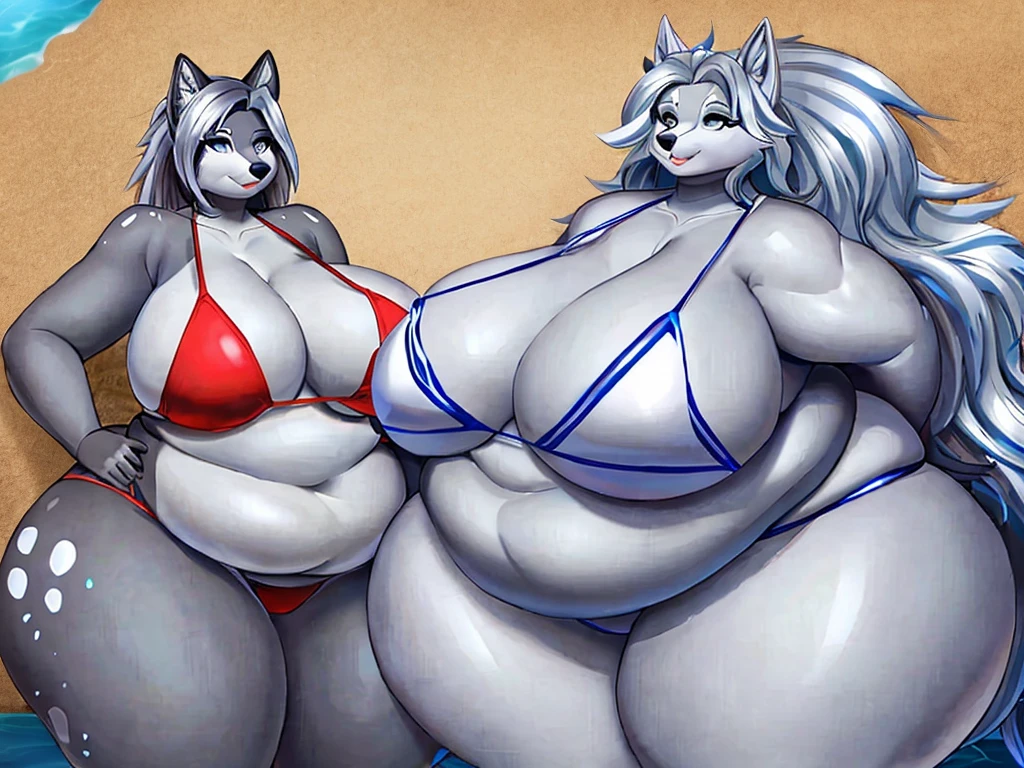 Silver wolf, female, huge breasts, huge hips, huge thighs, plump, voluptuous, morbidly obese, fat arms, fat legs, belly rolls, fat rolls,silver body,white spots,white markings, silver eyes,silver hair,shiny hair,messy hair,bikini