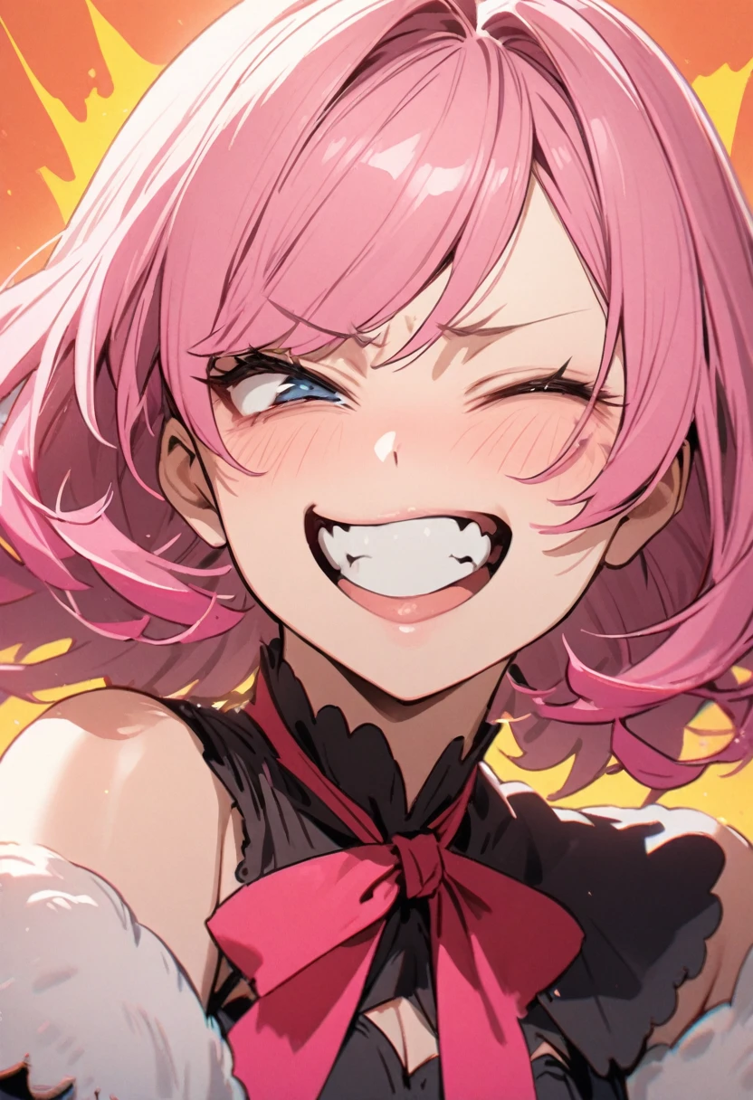 A wry smile、Grimacing、Pink Hair Woman, Drill Twin