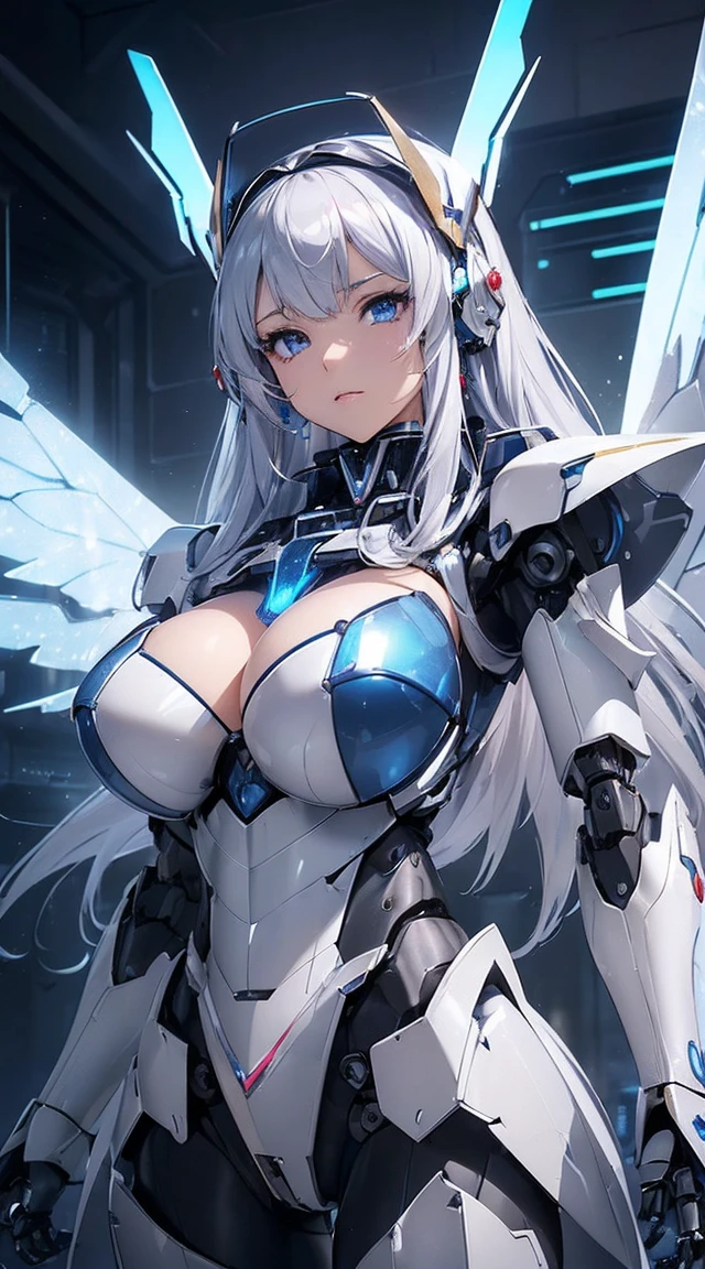 ((Intense action pose:1.6))、((Shining lenses on both breasts:1.3))、((Blue pillars of light are emanating from both chests.:1.3))、smile、((8K)), ((32k)), ((Highest quality)), ((masterpiece)), ((超A high resolution)), ((Tmasterpiece)), ((Halation:1.4))、((Mechaニカルheadgear:1.2))、((Cyber Headphones:1.3))、Fine skin, High quality fabric, Fine metal texture、((Beautiful and dense face))、RAW Photos、Professional, Ultra-fine painting, ((alone)), Beautiful breasts、Highest quality, Very detailed, Very detailed詳細, Finer details, so beautiful, ((Princess Knight Robot:1.2)), (Joints of machines, Mechanical Limbs:1.3), (The internal structure of the machine is exposed:1.3), (Long silver hair:1.1), (Beautiful and huge mechanical breasts)、White Veil, cowboy_shot, Side Focus, headgear, Shiny、(Five Fingers, Four fingers and thumb),Concept Art, Anime fantasy artwork, Detailed fantasy art, (with pale blue-violet hair and large white wings,,,,,,,), (((Long silver hair))), (Mecha:1.6)、Sleek and intimidating design, ((Commander-in-Chief'arm)), (Perfect robot body)、純白と青紫armまたは, Symmetrical wings, 8K high quality, detailed art, 3D rendering of character art in 8K, neat legs, Defined, Defined fingers,