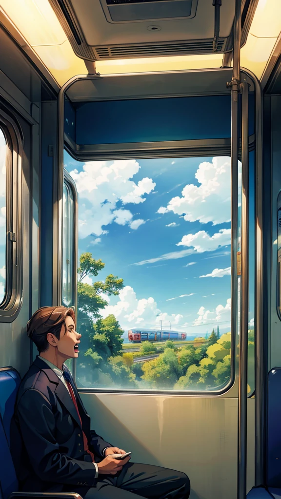 a man inside the train looking out the window to the beautiful clouds and the trees, is screaming
