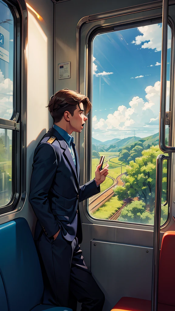 a man inside the train looking out the window to the beautiful clouds and the trees, is screaming