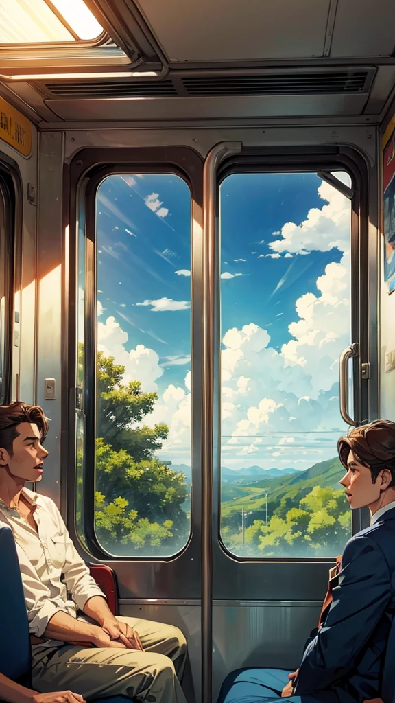 a man inside the train looking out the window to the beautiful clouds and the trees, is screaming