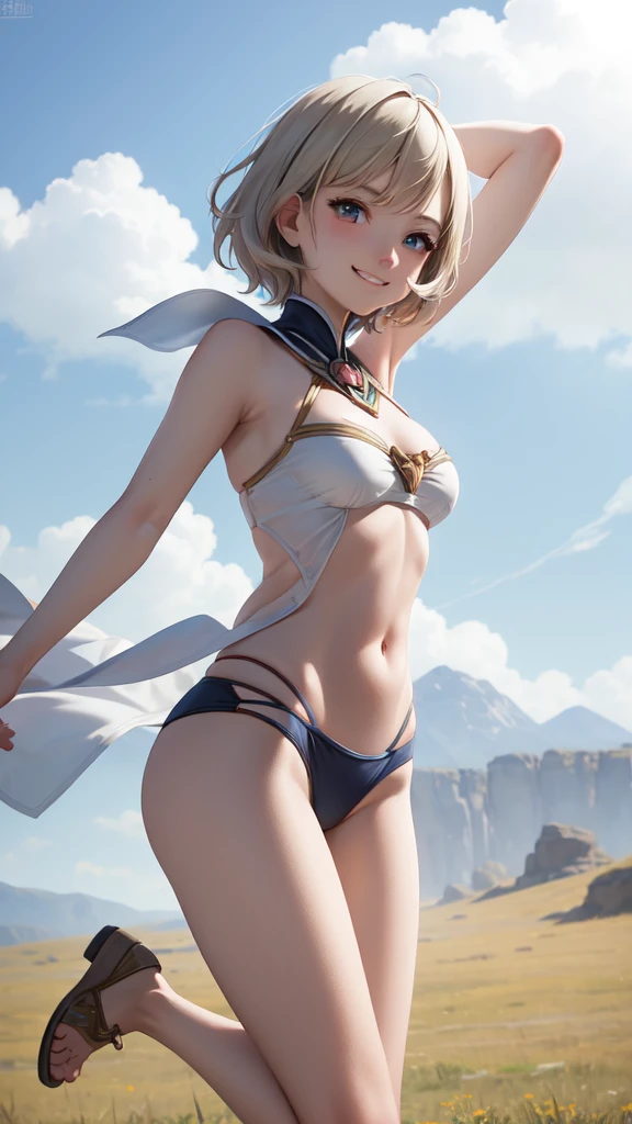 masterpiece, best quality, absurd, perfect anatomy, one girl, solo, ashelia, short hair, competitive swimsuit, standing, cowboy shot, smiling, dynamic pose, dynamic angle, outdoors, plains, hills