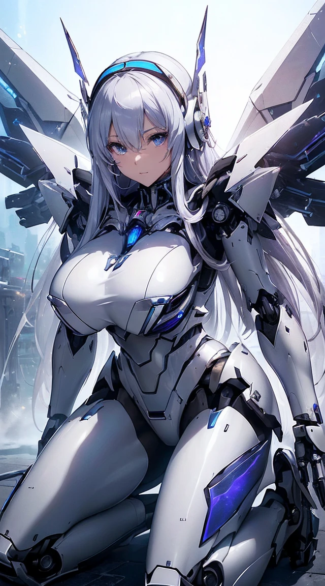 (Sit on one knee on the machine:1.6)、(Full body description:1.3)、((Shining lenses on both breasts:1.3))、((Blue pillars of light are emanating from both chests.:1.3))、smile、((8K)), ((32k)), ((Highest quality)), ((masterpiece)), ((超A high resolution)), ((Tmasterpiece)), ((Halation:1.4))、((Mechaニカルheadgear:1.2))、((Cyber Headphones:1.3))、Fine skin, High quality fabric, Fine metal texture、((Beautiful and dense face))、RAW Photos、Professional, Ultra-fine painting, ((alone)), Beautiful breasts、Highest quality, Very detailed, Very detailed詳細, Finer details, so beautiful, ((Princess Knight Robot:1.2)),  (Joints of machines, Mechanical Limbs:1.3), (The internal structure of the machine is exposed:1.3), (Long silver hair:1.1), (Beautiful and huge mechanical breasts)、White Veil, cowboy_shot, Side Focus, headgear, Shiny、(Five Fingers, Four fingers and thumb),Concept Art, Anime fantasy artwork, Detailed fantasy art, (with pale blue-violet hair and large white wings,,,,,,,), (((Long silver hair))), (Mecha:1.6)、Sleek and intimidating design, ((Commander-in-Chief&#39;arm)), (Perfect robot body)、純白と青紫armまたは, Symmetrical wings, 8K high quality, detailed art, 3D rendering of character art in 8K, neat legs, Defined, Defined fingers,