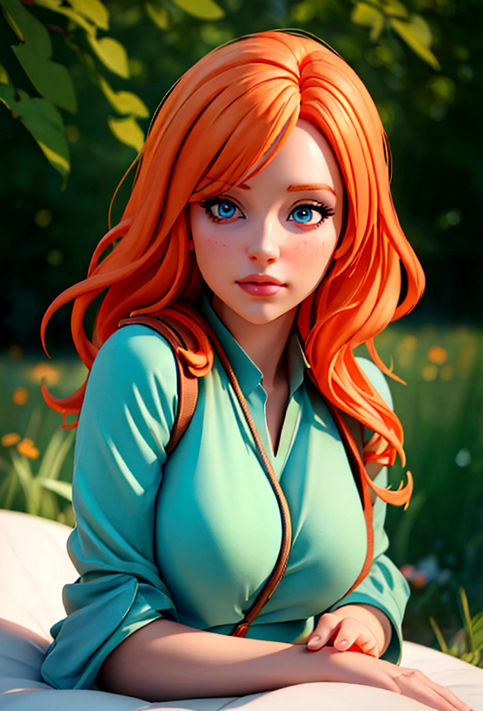 A girl with orange hair, wearing a blue outfit, in a colorful meadow, at night, on a bed,(best quality,4k,8k,highres,masterpiece:1.2),ultra-detailed,(realistic,photorealistic,photo-realistic:1.37),beautiful detailed eyes,beautiful detailed lips,extremely detailed eyes and face,longeyelashes,fantasy,surreal,dreamlike,moody lighting,vibrant colors,soft focus,romantic,serene