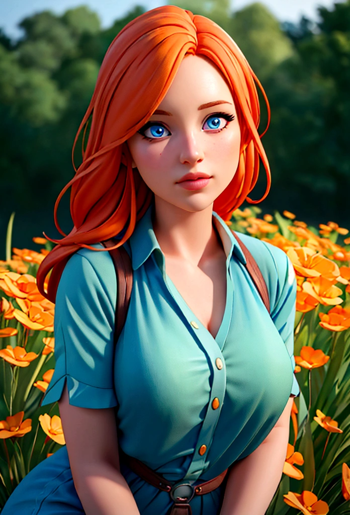 A girl with orange hair, wearing a blue outfit, in a colorful meadow, at night, on a bed,(best quality,4k,8k,highres,masterpiece:1.2),ultra-detailed,(realistic,photorealistic,photo-realistic:1.37),beautiful detailed eyes,beautiful detailed lips,extremely detailed eyes and face,longeyelashes,fantasy,surreal,dreamlike,moody lighting,vibrant colors,soft focus,romantic,serene