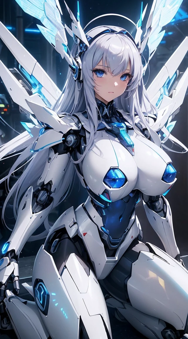 (Sit on one knee on the machine:1.6)、(Full body description:1.3)、((Shining lenses on both breasts:1.3))、((Blue pillars of light are emanating from both chests.:1.3))、smile、((8K)), ((32k)), ((Highest quality)), ((masterpiece)), ((超A high resolution)), ((Tmasterpiece)), ((Halation:1.4))、((Mechaニカルheadgear:1.2))、((Cyber Headphones:1.3))、Fine skin, High quality fabric, Fine metal texture、((Beautiful and dense face))、RAW Photos、Professional, Ultra-fine painting, ((alone)), Beautiful breasts、Highest quality, Very detailed, Very detailed詳細, Finer details, so beautiful, ((Princess Knight Robot:1.2)),  (Joints of machines, Mechanical Limbs:1.3), (The internal structure of the machine is exposed:1.3), (Long silver hair:1.1), (Beautiful and huge mechanical breasts)、White Veil, cowboy_shot, Side Focus, headgear, Shiny、(Five Fingers, Four fingers and thumb),Concept Art, Anime fantasy artwork, Detailed fantasy art, (with pale blue-violet hair and large white wings,,,,,,,), (((Long silver hair))), (Mecha:1.6)、Sleek and intimidating design, ((Commander-in-Chief&#39;arm)), (Perfect robot body)、純白と青紫armまたは, Symmetrical wings, 8K high quality, detailed art, 3D rendering of character art in 8K, neat legs, Defined, Defined fingers,