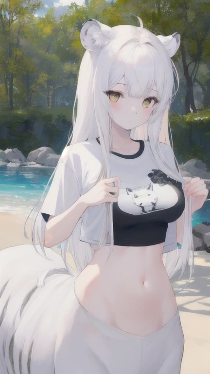 (best quality, masterpiece), 1 girl, centaur, It takes, White skin, Korean , exposing the abdomen,belly button t-shirt, 아름다운 소녀 perfect white tiger photo, perfect white tiger photo