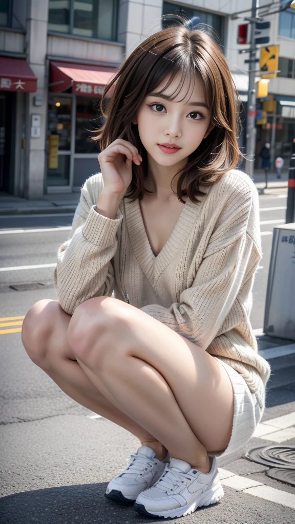 Photo taken by a professional photographer,Close-up of a woman squatting on the sidewalk with her legs crossed, kiko mizuhara, wearing a sweater, Shirahime cut brown hair, wearing a sweater, young and cute girl, japanese model, 白いwearing a sweater, Chiho, カジュアルなwearing a sweater, Beige miniskirt,white panties,Side waves with short hair, a cute young woman, cute young woman,
