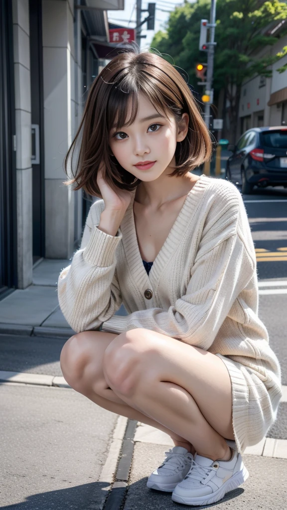 Photo taken by a professional photographer，Close-up of a woman squatting on the sidewalk with her legs crossed, kiko mizuhara, wearing a sweater, Shirahime cut brown hair, wearing a sweater, young and cute girl, japanese model, 白いwearing a sweater, Chiho, カジュアルなwearing a sweater, Beige miniskirt，white panties，Side waves with short hair, a cute young woman, cute young woman, 
