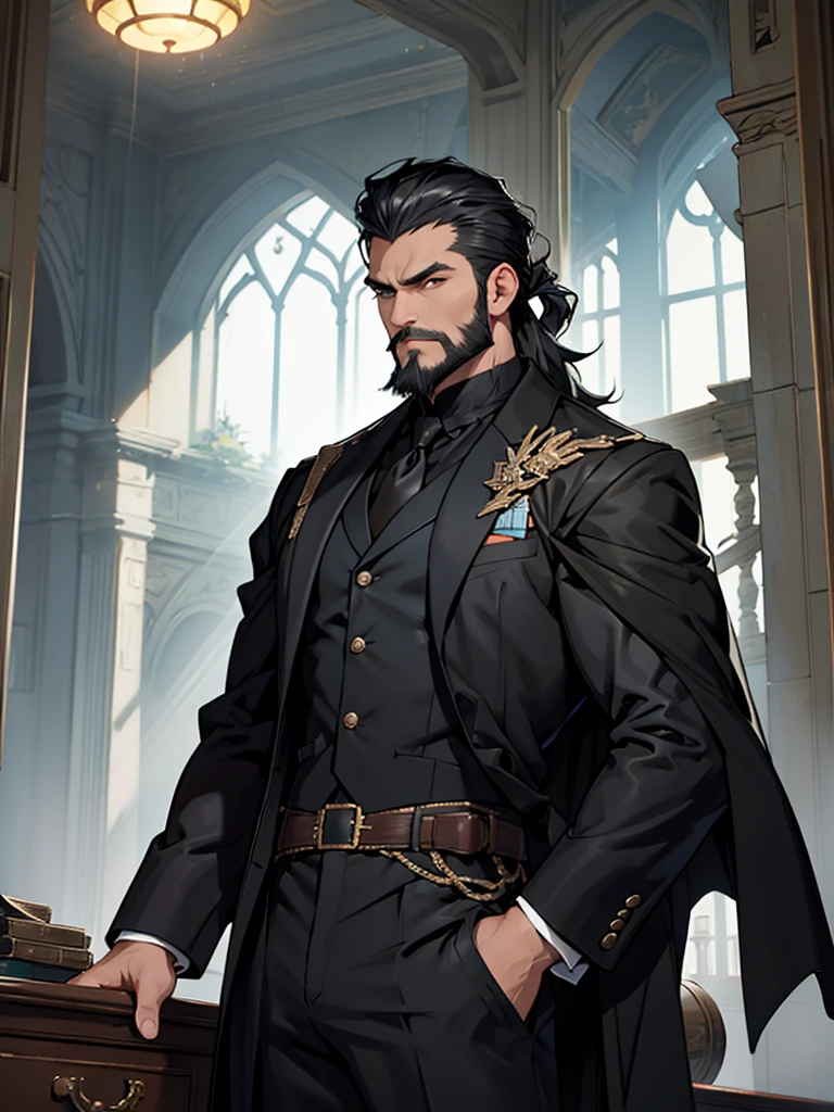 8K. アニメ, adult old Supreme Marshal serious muscular strong black haired on top slicked back short high fade. Dressed in a long black suit with equipment vests at the waist and a flowing black cape. beautiful boss, male with elegant beard. He has a big backpack on his shoulder. fund: He is leaning on a table. A black polished room with various broken parts and equipment. Protector inside the pants.
