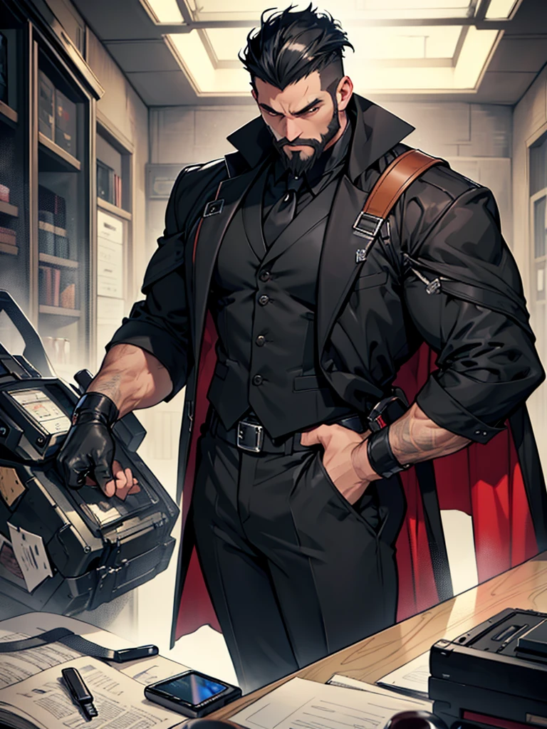 8K. アニメ, adult old Supreme Marshal serious muscular strong black haired on top slicked back short high fade. Dressed in a long black suit with equipment vests at the waist and a flowing black cape. beautiful boss, male with elegant beard. He has a big backpack on his shoulder. fund: He is leaning on a table. A black polished room with various broken parts and equipment. Protector inside the pants.