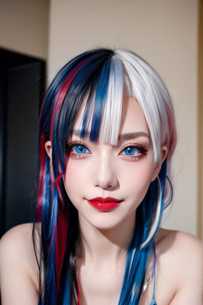 masterpiece, best quality, highly detailed,1girl,indoors, adult, split-color hair, red and blue hair, hair over eye, dynamic pose, clothes, smile, lipstick, bright blue eyes