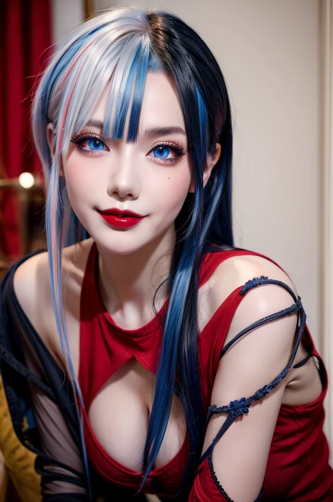 masterpiece, best quality, highly detailed,1girl,indoors, adult, split-color hair, red and blue hair, hair over eye, dynamic pose, clothes, smile, lipstick, bright blue eyes