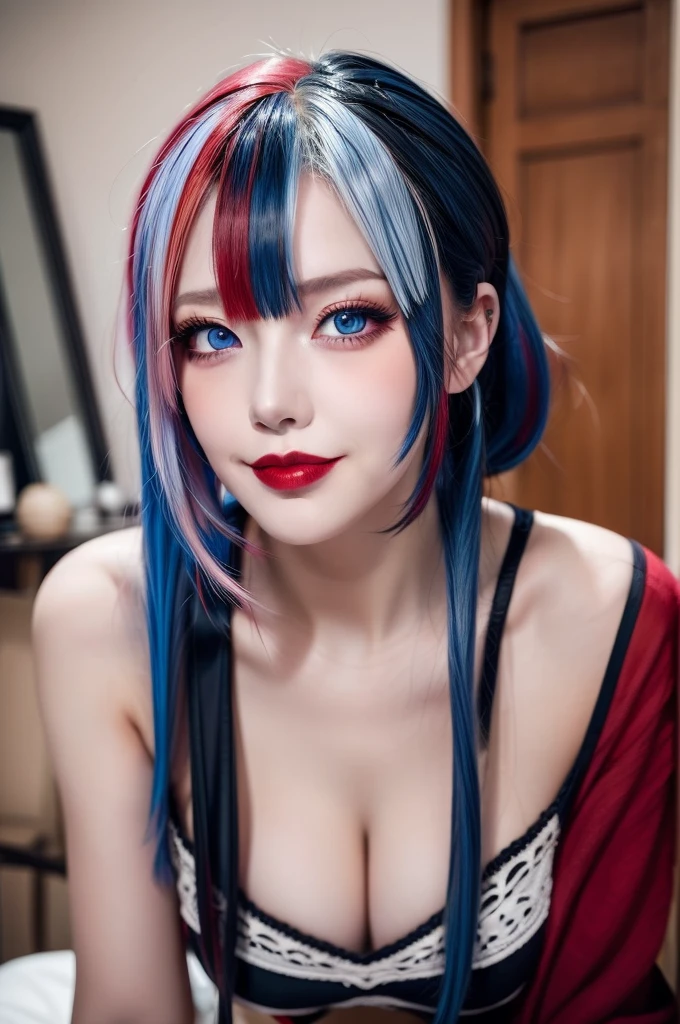 masterpiece, best quality, highly detailed,1girl,indoors, adult, split-color hair, red and blue hair, hair over eye, dynamic pose, clothes, smile, lipstick, bright blue eyes