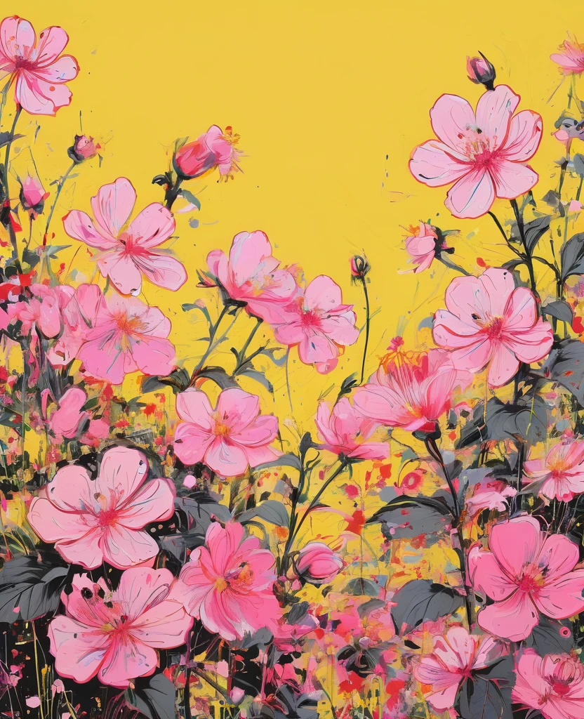 Graffiti, scribble, Comics by Petra Cortright, best quality, masterpiece, pink artwork, Representative work, official art, Professional, Ultra intricate detailed, 8k, pink flowers art, yellow background 