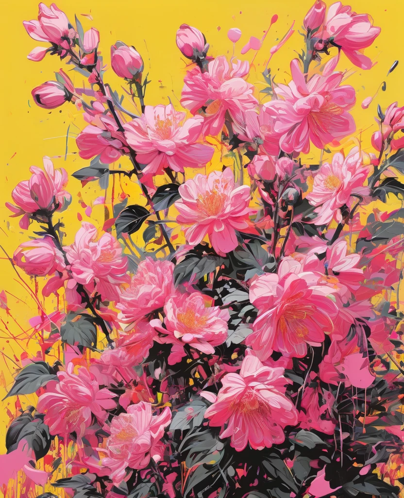 Graffiti, scribble, Comics by Petra Cortright, best quality, masterpiece, pink artwork, Representative work, official art, Professional, Ultra intricate detailed, 8k, pink flowers art, yellow background