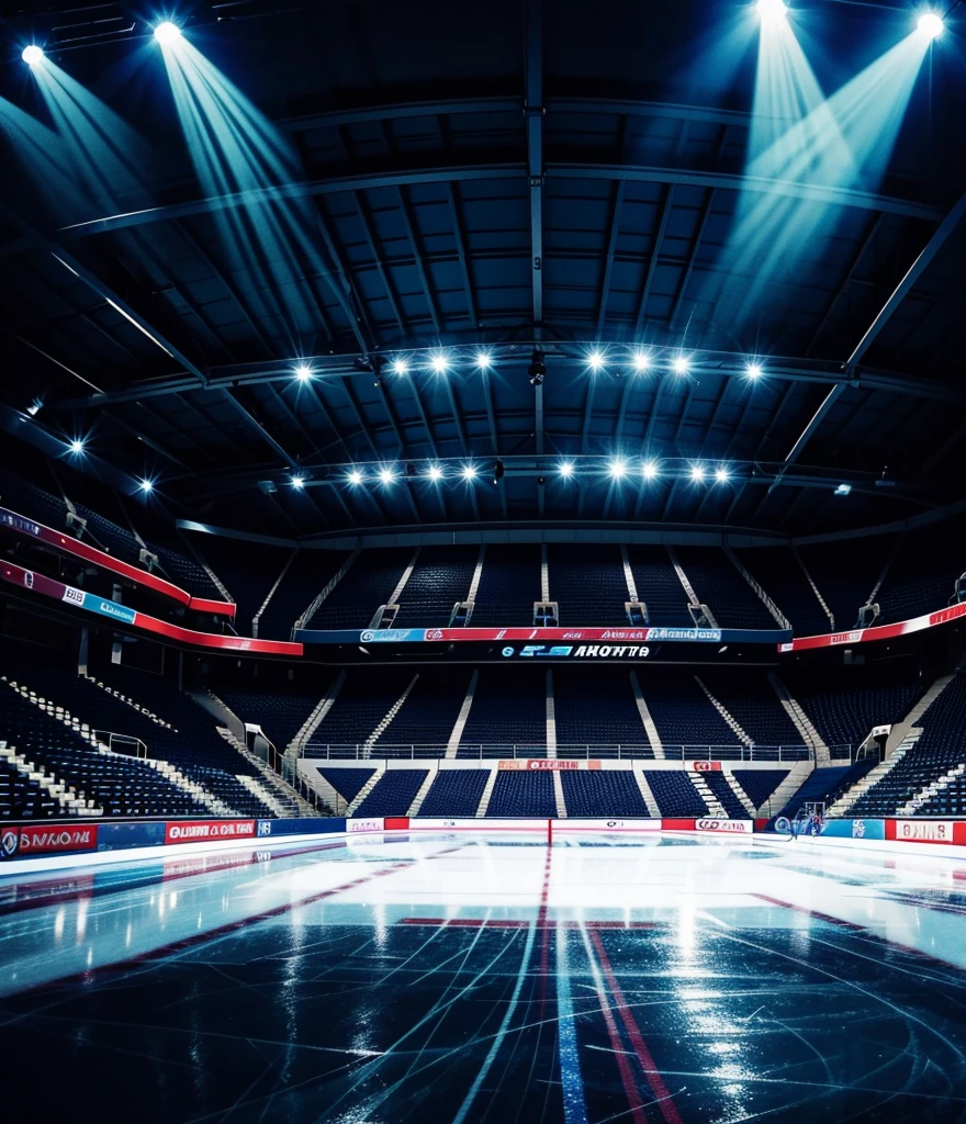 Draw an illustration of an empty ice skating stadium. The spotlights are working. Dark atmosphere. illustration. Drawing. art. image. picture. Drawing. Art. Illustration. 