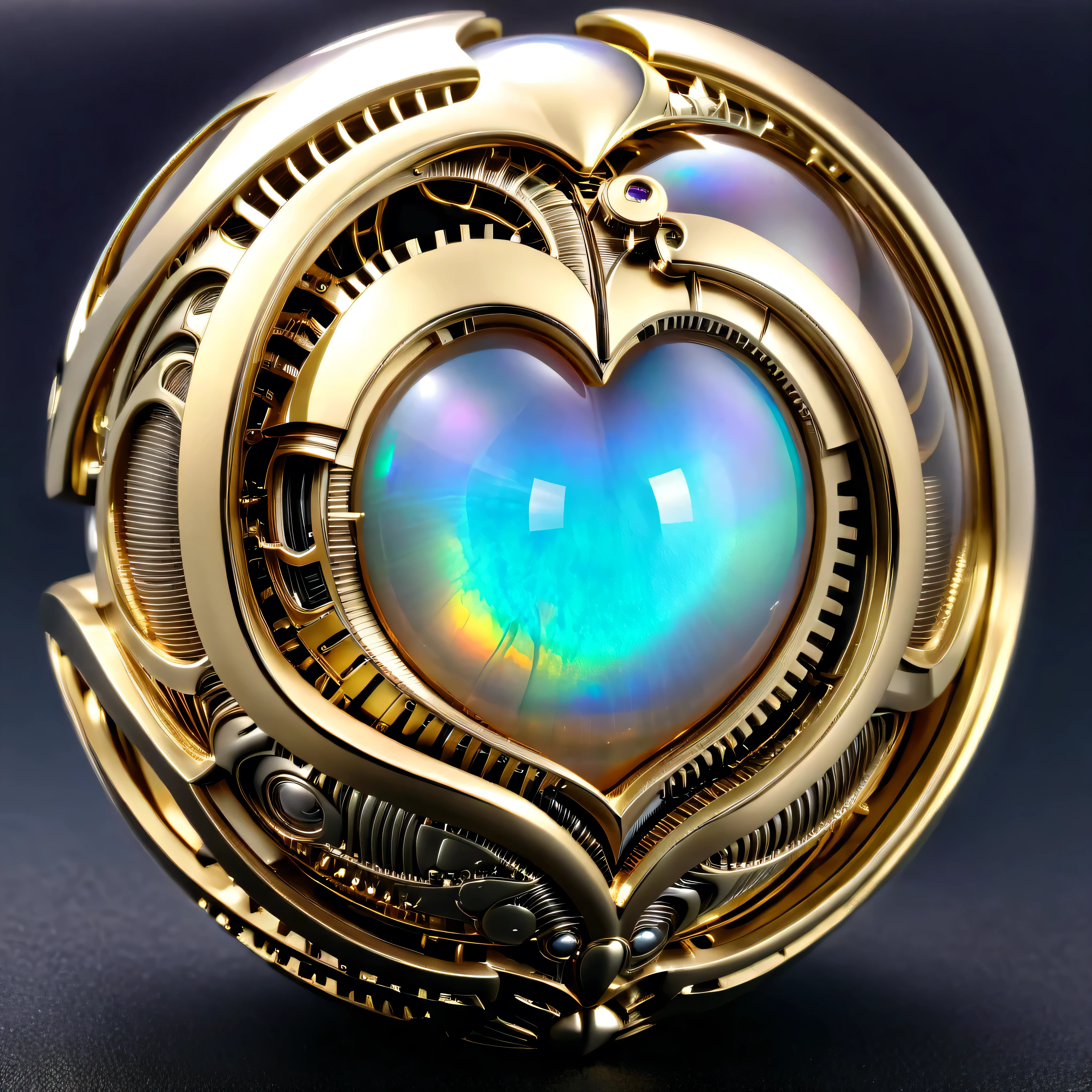 a gold and opal mechanical orb, giger style, silvercarvingcd_xl , rainbow heart aura,