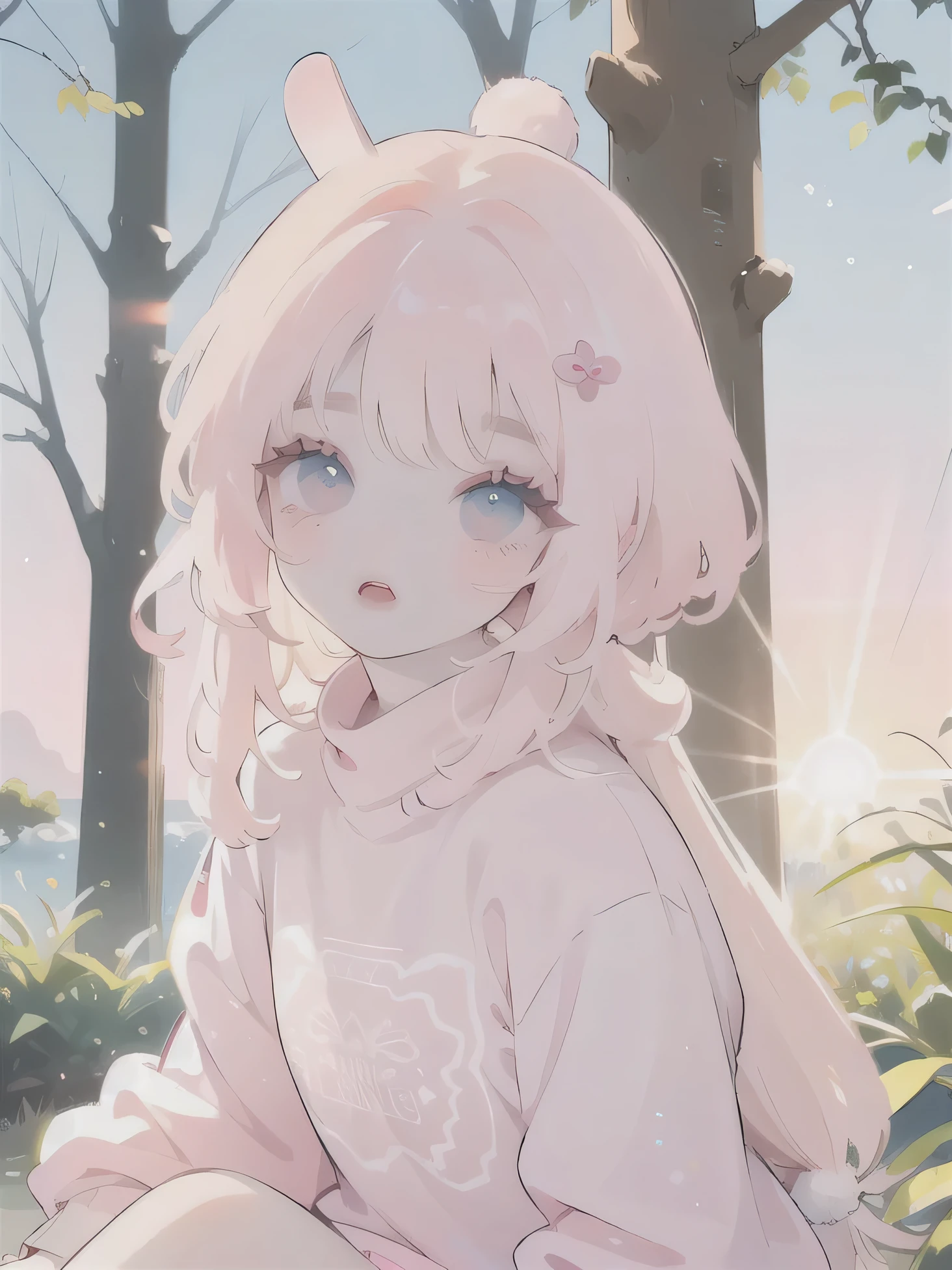 (high quality) (best quality) (a woman) (correct physiognomy) (perfect students) (perfect eyes) anime woman, deep pink long and fluffy hair pink, two rabbit ears coming out of her head, blue eyes, lips sensitive, feminine appearance, soft facial features, thin eyebrows, soft skin, rosy cheeks, pink lips, silky eyelashes, dreamy expression, middle age, youthful clothing, print sweatshirt, photo illuminated by sunlight, Woman sitting on forest.
