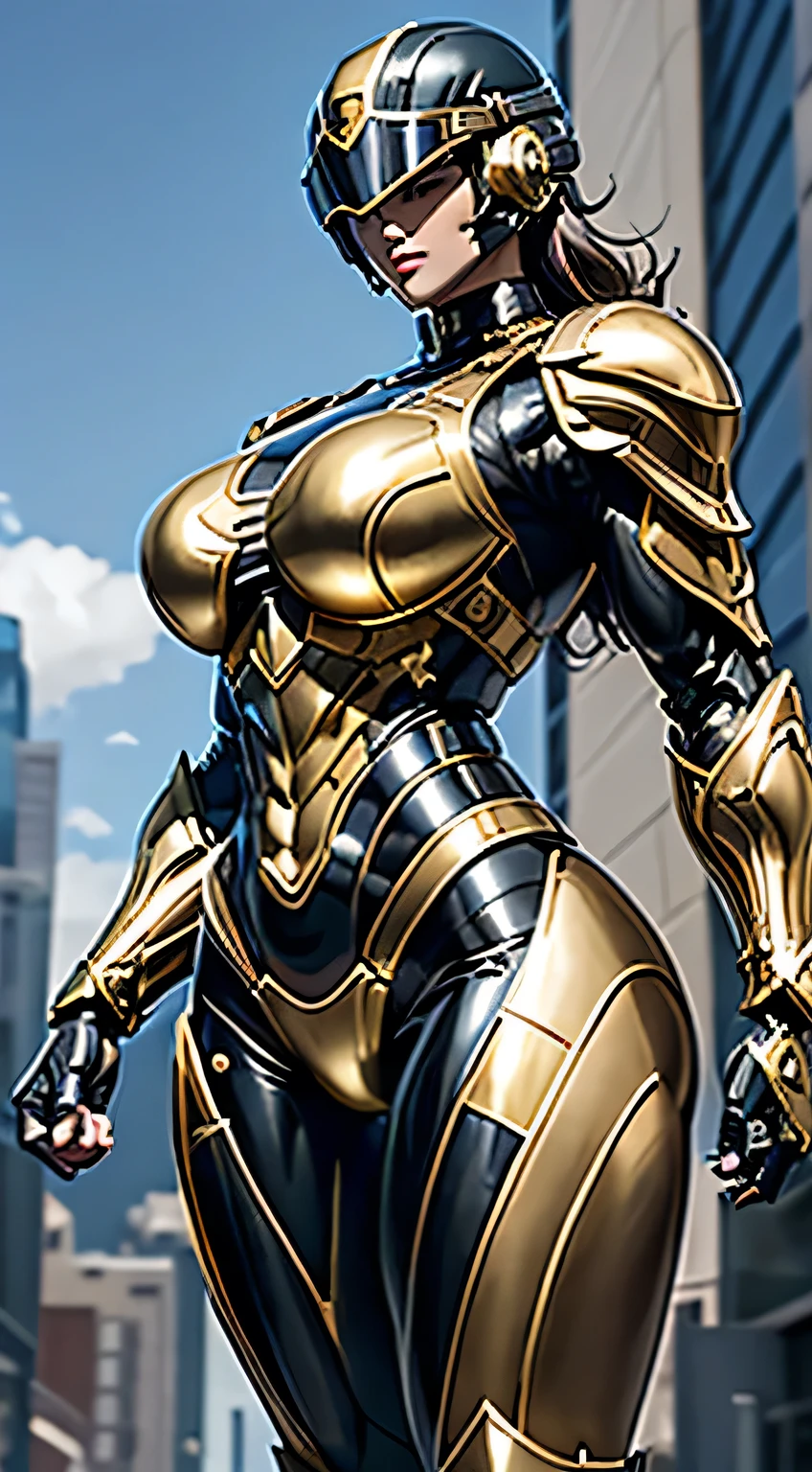 Female Robocop Solo、Bright outdoors、strong light source、8K, high quality, masterpiece, 最high quality, Crisp contrast、Very detailed、Full body armor、Very large armor、Helmet covering the head、Clear photos、His eyes are hidden by thin straight goggles:1.3、The lower half of the face is raw々Shii:1.5、The lower half of the face is exposed、Seductive lips、Black metallic armor、Gold accents、Armor that completely covers the chest、Long, slender legs、Vibrant Posselo Body View,Big and ample breasts:1.5, (Sports Body:1.5)、Five Fingers、Hold a handgun、In the city