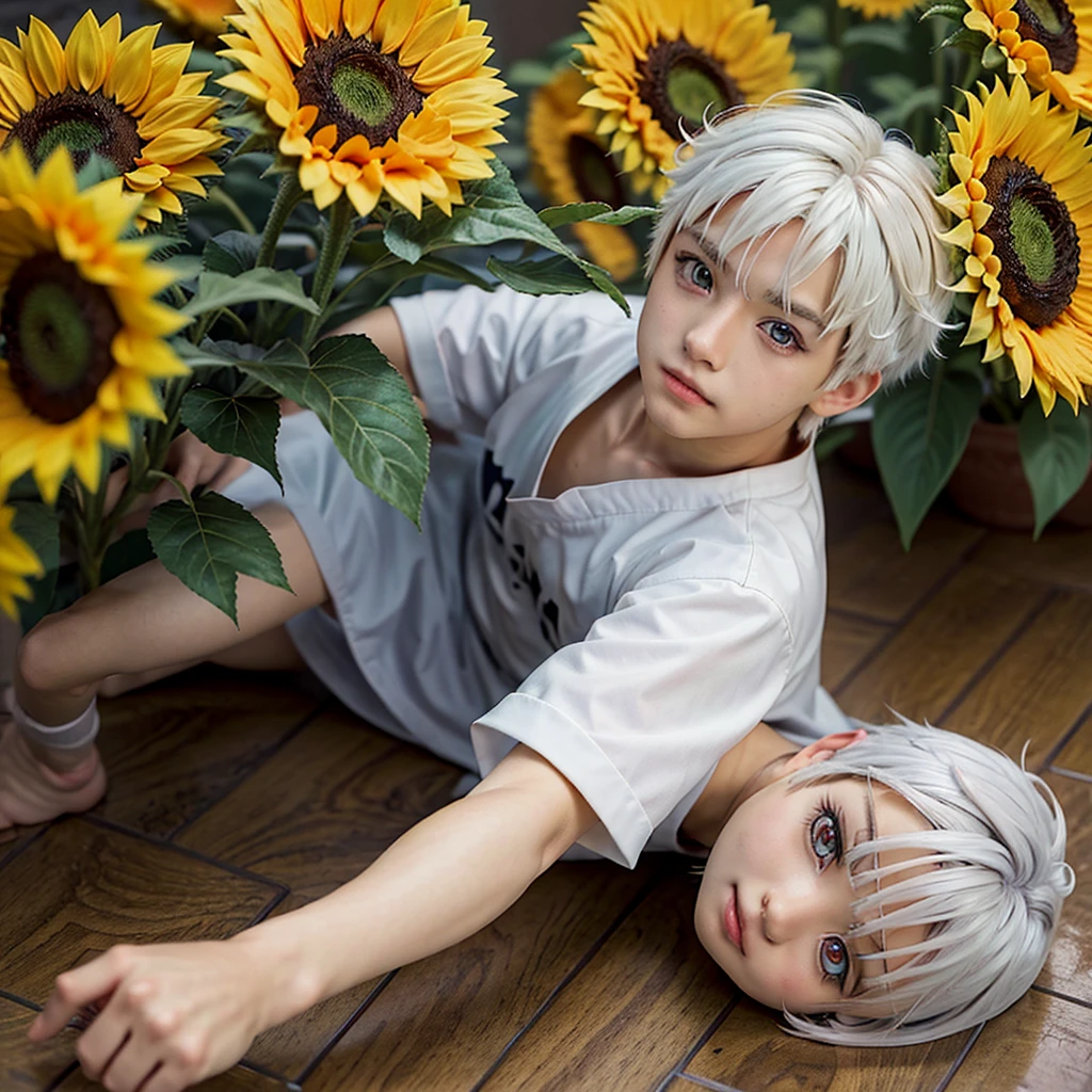 anime boy lying on the floor with sunflowers in the background, menino with white hair curto, anime look of a beautiful boy,  , senko-san, anime moe art style, NYARUKO-SAN, animes de splash art , anime young man, white haired deity, cute anime boy,  with white hair, clean and detailed anime art