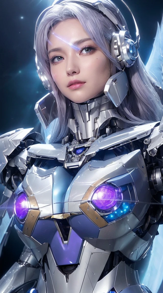 ((Extreme close up:1.6))、(((Lenses shining on both breasts:1.3)))、((A blue pillar of light emanates from both of his chests..:1.3))、break、(((Dynamic pose:1.8)))、smile、((8K)), ((32k)), ((Highest quality)), ((masterpiece)), ((超A high resolution)), ((Tmasterpiece)), ((Halation:1.4))、((Mechaニカルheadgear:1.2))、((Cyber Headphones:1.3))Fine skin, High quality fabric, High-quality metal texture、((Beautiful and dense face))、RAW Photos、Professional, Ultra-fine painting, ((alone)), Beautiful breasts、Highest quality, Very detailed, Very detailed詳細, Finer details, so beautiful, ((Princess Knight Robot:1.2)),  (Joint of the machine, Mechanical Limbs:1.3), (The internal structure of the machine is exposed:1.3), (Long silver hair:1.1), (Beautiful and huge mechanical breasts)、White Veil, cowboy_shot, Side Focus, headgear, Shiny、(Five Fingers, Four fingers and thumb),Concept Art, Anime fantasy artwork, Detailed fantasy art, (with pale blue-violet hair and large white wings,,,,,,,,), (((Long silver hair))), (Mecha:1.6)、Sleek and intimidating design, ((Commander-in-Chief&#39;arm)), (Perfect robot body)、純白と青紫のarmまたは, Symmetrical wings, 8K High Resolution, Detailed Art, 3D rendering of character art in 8K, neat legs, Defined, Defined fingers,((headshot:1.3))