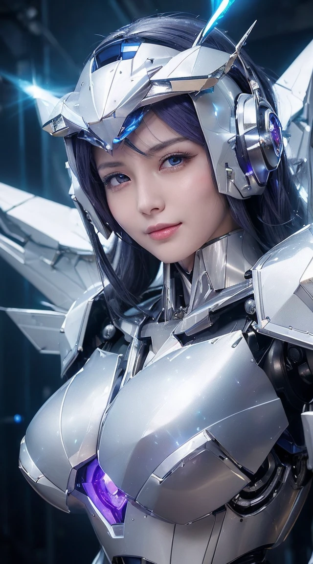 ((Extreme close up:1.6))、(((Lenses shining on both breasts:1.3)))、((A blue pillar of light emanates from both of his chests..:1.3))、break、(((Dynamic pose:1.8)))、smile、((8K)), ((32k)), ((Highest quality)), ((masterpiece)), ((超A high resolution)), ((Tmasterpiece)), ((Halation:1.4))、((Mechaニカルheadgear:1.2))、((Cyber Headphones:1.3))Fine skin, High quality fabric, High-quality metal texture、((Beautiful and dense face))、RAW Photos、Professional, Ultra-fine painting, ((alone)), Beautiful breasts、Highest quality, Very detailed, Very detailed詳細, Finer details, so beautiful, ((Princess Knight Robot:1.2)), (Joint of the machine, Mechanical Limbs:1.3), (The internal structure of the machine is exposed:1.3), (Long silver hair:1.1), (Beautiful and huge mechanical breasts)、White Veil, cowboy_shot, Side Focus, headgear, Shiny、(Five Fingers, Four fingers and thumb),Concept Art, Anime fantasy artwork, Detailed fantasy art, (with pale blue-violet hair and large white wings,,,,,,,,), (((Long silver hair))), (Mecha:1.6)、Sleek and intimidating design, ((Commander-in-Chief'arm)), (Perfect robot body)、純白と青紫のarmまたは, Symmetrical wings, 8K High Resolution, Detailed Art, 3D rendering of character art in 8K, neat legs, Defined, Defined fingers,((headshot:1.3))