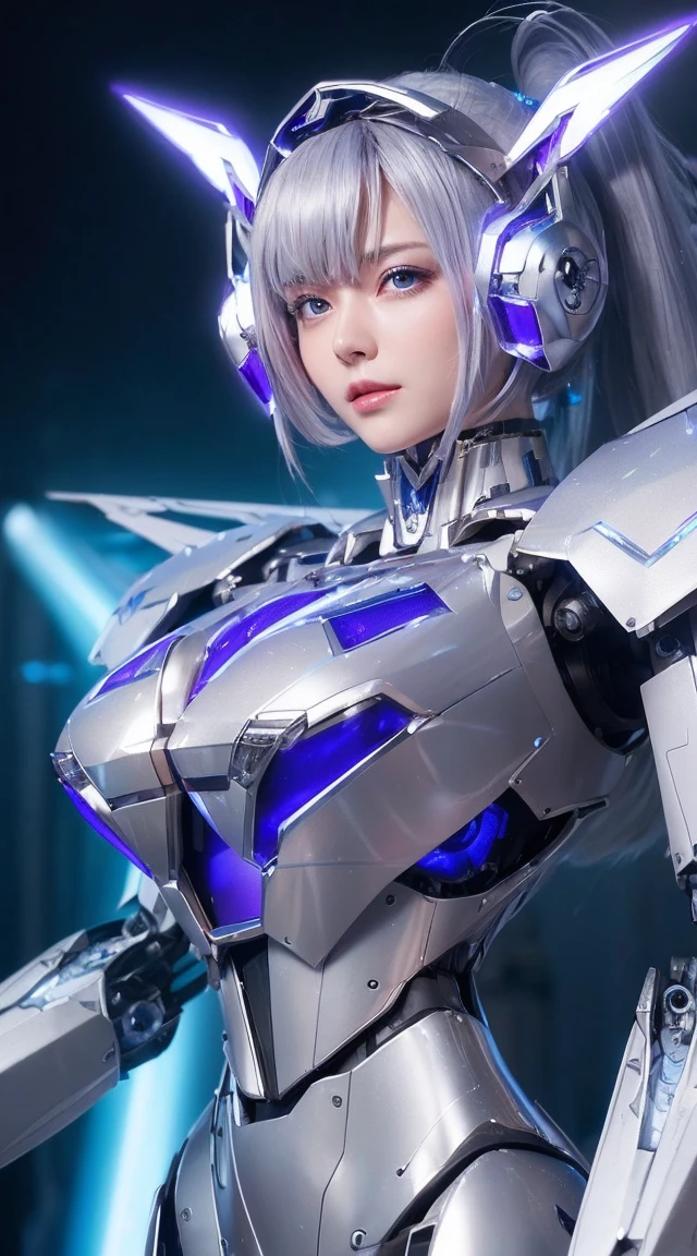 ((Intense action pose:1.6))、((Shining lenses on both breasts:1.3))、((Blue pillars of light are emanating from both chests.:1.3))、smile、((8K)), ((32k)), ((Highest quality)), ((masterpiece)), ((超A high resolution)), ((Tmasterpiece)), ((Halation:1.4))、((Mechaニカルheadgear:1.2))、((Cyber Headphones:1.3))、Fine skin, High quality fabric, Fine metal texture、((Beautiful and dense face))、RAW Photos、Professional, Ultra-fine painting, ((alone)), Beautiful breasts、Highest quality, Very detailed, Very detailed詳細, Finer details, so beautiful, ((Princess Knight Robot:1.2)),  (Joints of machines, Mechanical Limbs:1.3), (The internal structure of the machine is exposed:1.3), (Long silver hair:1.1), (Beautiful and huge mechanical breasts)、White Veil, cowboy_shot, Side Focus, headgear, Shiny、(Five Fingers, Four fingers and thumb),Concept Art, Anime fantasy artwork, Detailed fantasy art, (with pale blue-violet hair and large white wings,,,,,,,), (((Long silver hair))), (Mecha:1.6)、Sleek and intimidating design, ((Commander-in-Chief&#39;arm)), (Perfect robot body)、純白と青紫armまたは, Symmetrical wings, 8K high quality, detailed art, 3D rendering of character art in 8K, neat legs, Defined, Defined fingers,