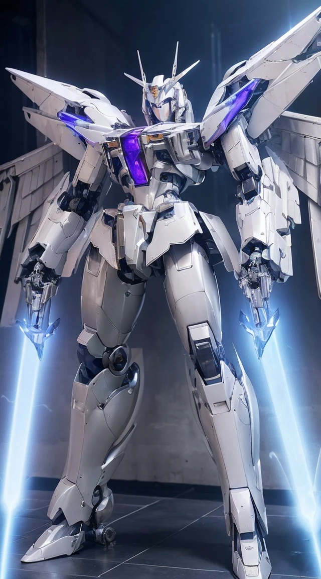 ((Intense action pose:1.6))、((Shining lenses on both breasts:1.3))、((Blue pillars of light are emanating from both chests.:1.3))、smile、((8K)), ((32k)), ((Highest quality)), ((masterpiece)), ((超A high resolution)), ((Tmasterpiece)), ((Halation:1.4))、((Mechaニカルheadgear:1.2))、((Cyber Headphones:1.3))、Fine skin, High quality fabric, Fine metal texture、((Beautiful and dense face))、RAW Photos、Professional, Ultra-fine painting, ((alone)), Beautiful breasts、Highest quality, Very detailed, Very detailed詳細, Finer details, so beautiful, ((Princess Knight Robot:1.2)),  (Joints of machines, Mechanical Limbs:1.3), (The internal structure of the machine is exposed:1.3), (Long silver hair:1.1), (Beautiful and huge mechanical breasts)、White Veil, cowboy_shot, Side Focus, headgear, Shiny、(Five Fingers, Four fingers and thumb),Concept Art, Anime fantasy artwork, Detailed fantasy art, (with pale blue-violet hair and large white wings,,,,,,,), (((Long silver hair))), (Mecha:1.6)、Sleek and intimidating design, ((Commander-in-Chief&#39;arm)), (Perfect robot body)、純白と青紫armまたは, Symmetrical wings, 8K high quality, detailed art, 3D rendering of character art in 8K, neat legs, Defined, Defined fingers,