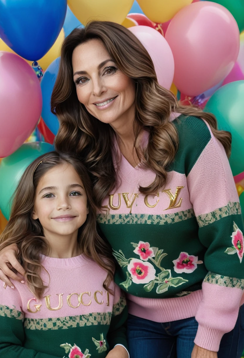 A warm photograph between a 45-year-old brunette woman with medium-sized, sagging breasts, an hourglass body, and beautiful wavy brown hair with her 11-year-old daughter. Her mother is not smiling, she is wearing a luxury dark green Louis Vuitton sweater and navy blue jeans, she is standing next to her daughter who is smiling and wearing a pink Gucci sweater with flowers printed on it. Her almond eyes shine with joy as they look at each other.
The background is a children's party, full of colorful balloons and clowns
