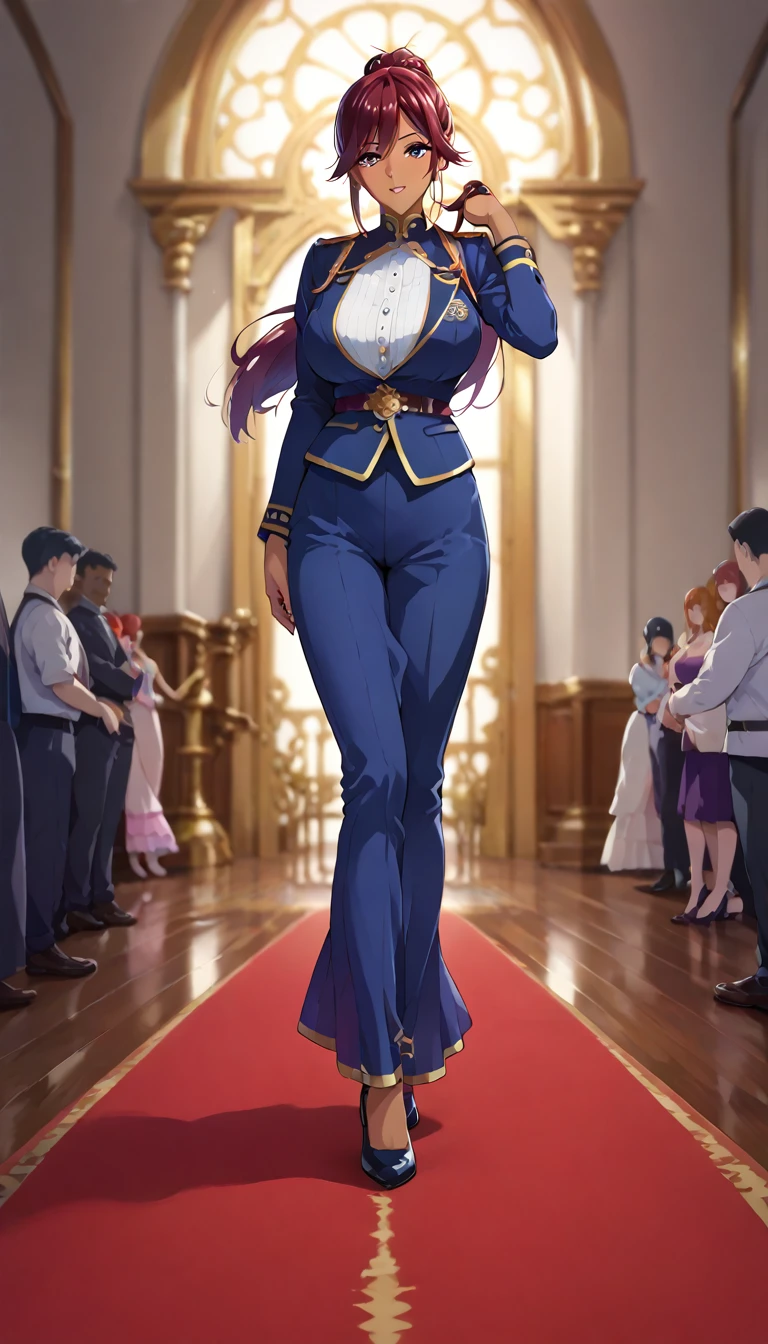 (masterpiece, best quality, ultra-detailed, high resolution, detailed eyes), takeda hiromitsu style, (1mature female), cheer leader uniform, big eyes, athlete body, large breasts, tall, (dark skin:1.5), medium red hair, wavy ponytail, dancing, pov