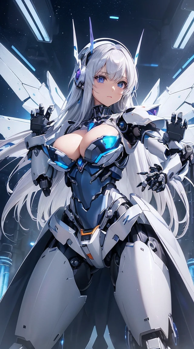 ((Intense action pose:1.6))、((Shining lenses on both breasts:1.3))、((Blue pillars of light are emanating from both chests.:1.3))、smile、((8K)), ((32k)), ((Highest quality)), ((masterpiece)), ((超A high resolution)), ((Tmasterpiece)), ((Halation:1.4))、((Mechaニカルheadgear:1.2))、((Cyber Headphones:1.3))、Fine skin, High quality fabric, Fine metal texture、((Beautiful and dense face))、RAW Photos、Professional, Ultra-fine painting, ((alone)), Beautiful breasts、Highest quality, Very detailed, Very detailed詳細, Finer details, so beautiful, ((Princess Knight Robot:1.2)),  (Joints of machines, Mechanical Limbs:1.3), (The internal structure of the machine is exposed:1.3), (Long silver hair:1.1), (Beautiful and huge mechanical breasts)、White Veil, cowboy_shot, Side Focus, headgear, Shiny、(Five Fingers, Four fingers and thumb),Concept Art, Anime fantasy artwork, Detailed fantasy art, (with pale blue-violet hair and large white wings,,,,,,,), (((Long silver hair))), (Mecha:1.6)、Sleek and intimidating design, ((Commander-in-Chief&#39;arm)), (Perfect robot body)、純白と青紫armまたは, Symmetrical wings, 8K high quality, detailed art, 3D rendering of character art in 8K, neat legs, Defined, Defined fingers,