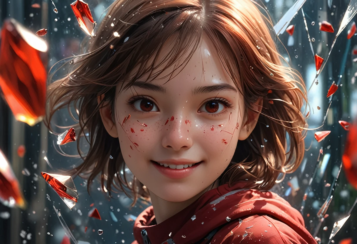 (best quality,Ultra-fine,Fidelity:1.37),beautiful girl,(intense gaze),(smile),Red viscous liquid oozes from scratches on face,close up。Bullets flew through the air,broke the glass。Instant capture,penetrating glass shards,Detailed bullet trajectories,slam,Shards of glass were scattered all over the place,There are debris in the air,slow motion freeze,high speed capture,dynamic chaos,Precise timing,flying debris,suspended in the air,dance clip,stained glass shards,refracted light,moving rapidly,translucent fragments,windows in fragments,