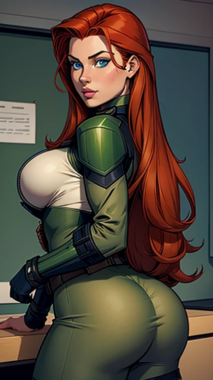 21 years old woman , long and smooth red tone hair, bright and expressive blue eyes, she opted for a green military outfit. Booty, busty. Comic style. Marvel comics