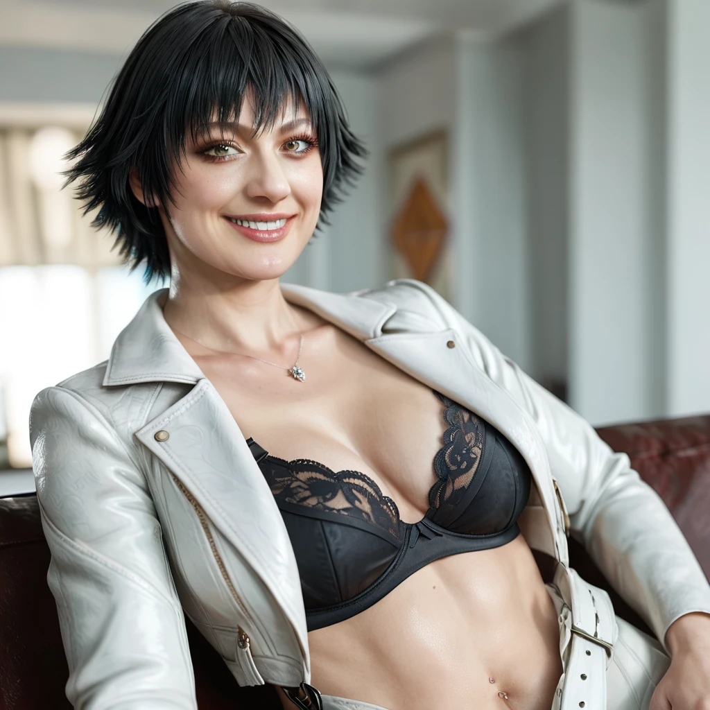 (best quality:1.2), lady (from devil may cry 5:1.1), black bra, white jacket, milf, smile, perfect face
