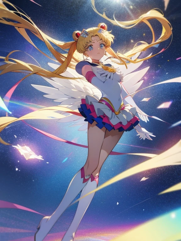 masterpiece,best quality,highly detailed,1girl,solo,blush, hologram,holographic body, dynamic pose,holographic dress, eternal sailor moon, disintegrate effect, from below, big breast, wind blowing, decef