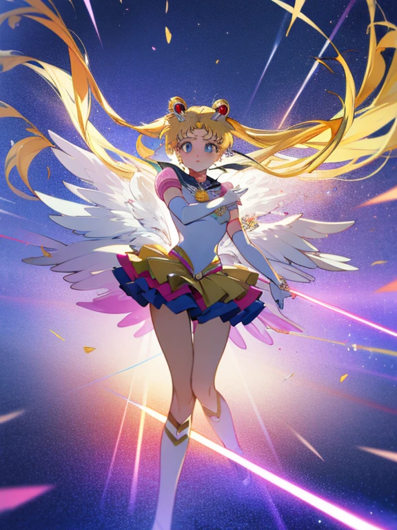 masterpiece,best quality,highly detailed,1girl,solo,blush, hologram,holographic body, dynamic pose,holographic dress, eternal sailor moon, disintegrate effect, from below, big breast, wind blowing, decef