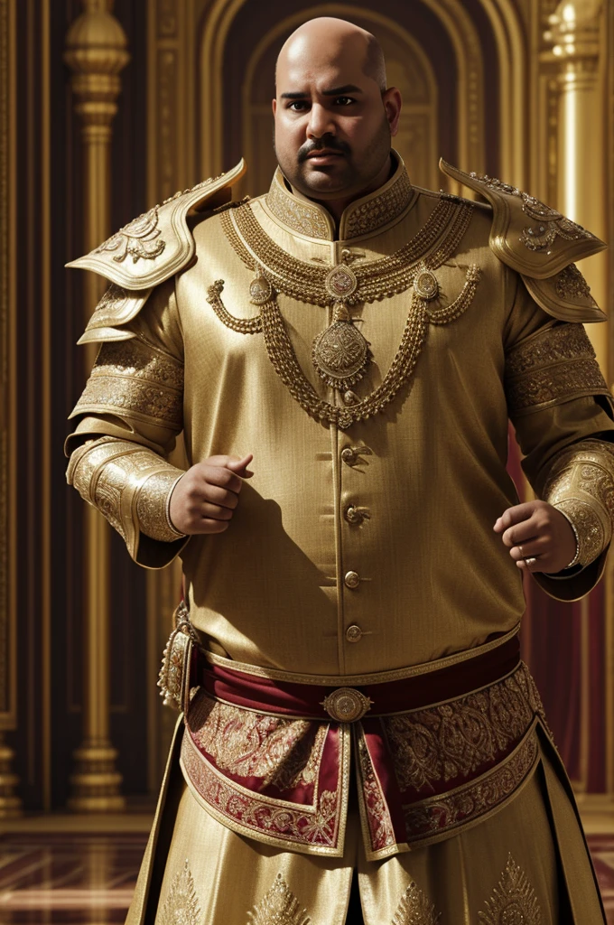 prince in a palace, luxury royal palace, volumetric lighting, 8k resolution, photorealistic, ultra-high quality, opulent detailed background, (((bald))), wearing a fancy royal indian battle armor, fat guy,angry