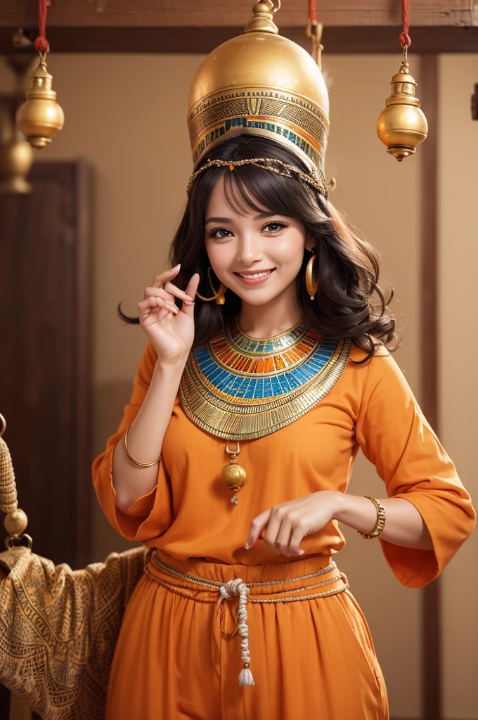 Woman, Grinning, smile cute, indiana, orange color, loose pants, top, gazing at viewer, lively, Background space, holding a bell, smoke in the air, bell in hands, fingers, fine-detailed, Egyptian clothing style, magie