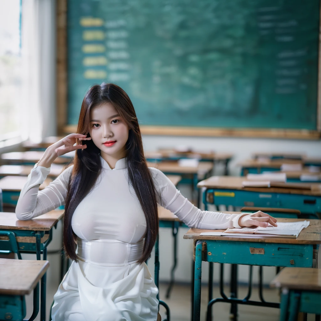 ((Ao dai, big breasts, beautiful breasts, sitting on a chair in the classroom, 8k quality photo with good details, nice body)), ((face details like a real person, details of an Asian face))
