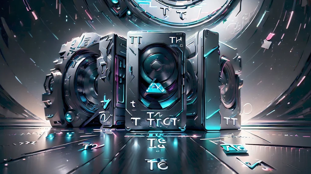 (DTG: 1.8), (DTG letters: 1.8), (Three letters: 1.8), DJ set, Music, cassette, CD Player, Futuristic device for music playing, Music reproducer, Lo-fi, writing, abstract, colorful, high resolution, high quality, neon colors, dark grey background, black grey grdient