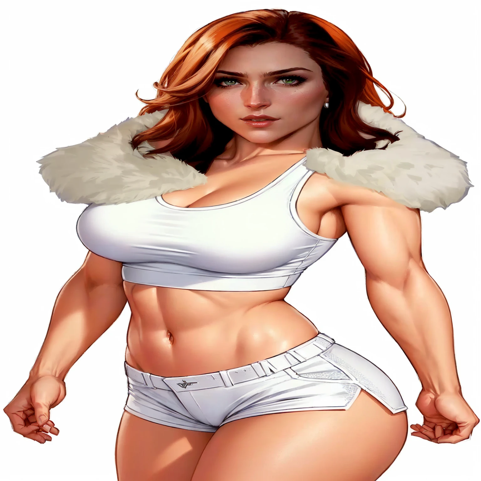 a close up of a woman in a white top and shorts, muscular sweat lara croft, comic digital art, fur covering her chest, zenescope, gordon freeman as a woman, realistic shaded perfect body, emma frost, comic character, portrait of emma frost, inspired by Rob Liefeld, inspired by Tyler Edlin, white fur, portrait of lara croft