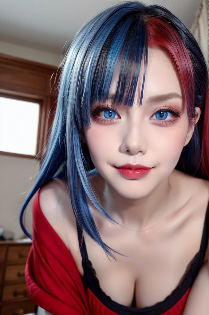 masterpiece, best quality, highly detailed,1girl,indoors, adult, split-color hair, red and blue hair, hair over eye, dynamic pose, clothes, smile, lipstick, bright blue eyes