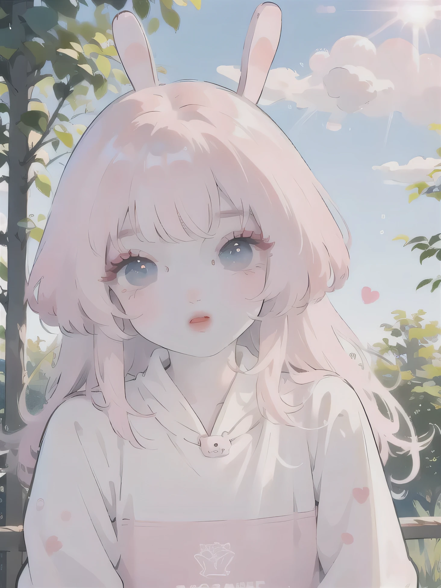 (high quality) (best quality) (a woman) (correct physiognomy) (perfect students) (perfect eyes) anime woman, deep pink long and fluffy hair pink, two rabbit ears coming out of her head, blue eyes, lips sensitive, feminine appearance, soft facial features, thin eyebrows, soft skin, rosy cheeks, pink lips, silky eyelashes, dreamy expression, middle age, youthful clothing, print sweatshirt, photo illuminated by sunlight, Woman sitting on forest.